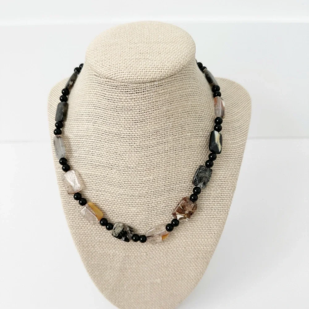 NWT Genuine Agate & Black Onyx Necklace Beaded Black Brown Gray